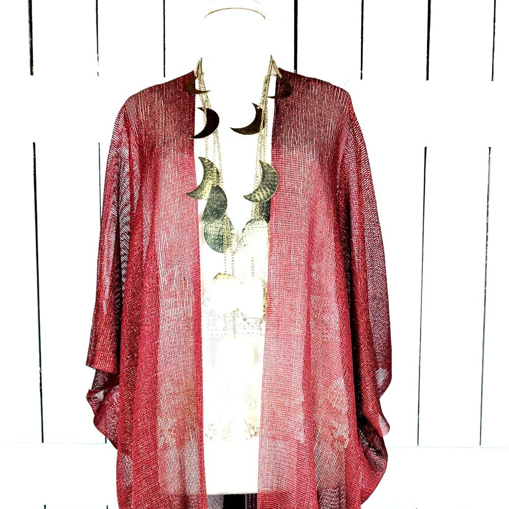 Red metallic mesh fringe kimono cover up